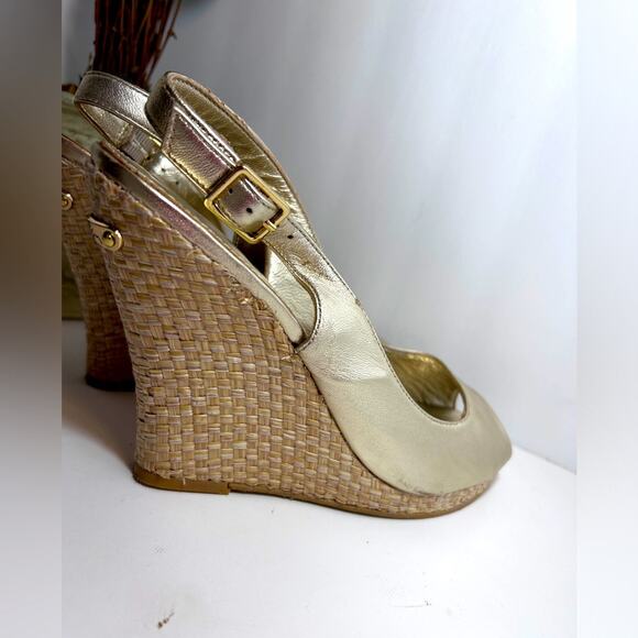 Lilly Pulitzer Kristin Leather Wedge Gold Peep Toe    Preppy Shoes Size 8.5 - Picture 8 of 16